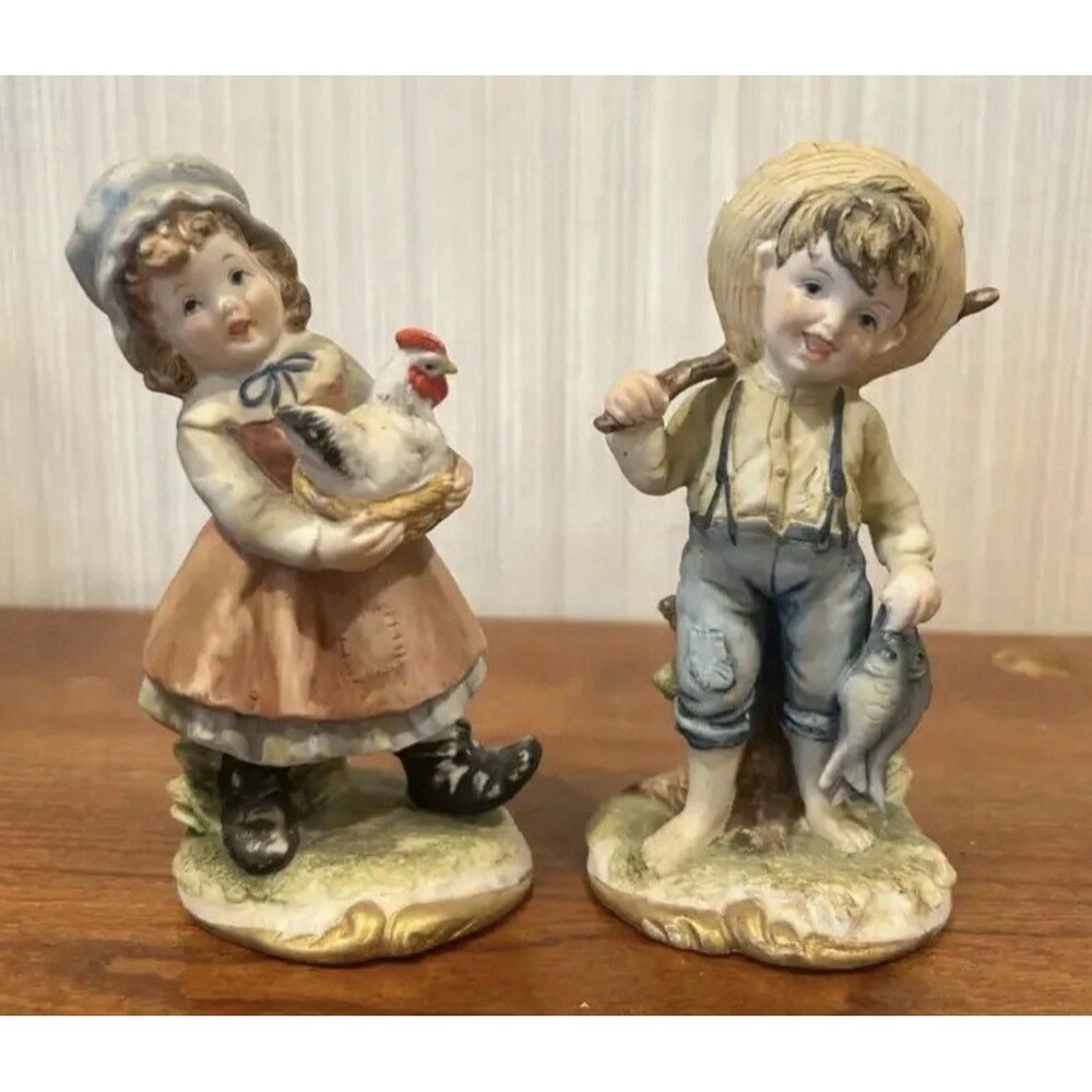 Lefton China Farm Girl W/Chicken & Boy W/Fish  KW2667 Vintage Farmhouse Figurine